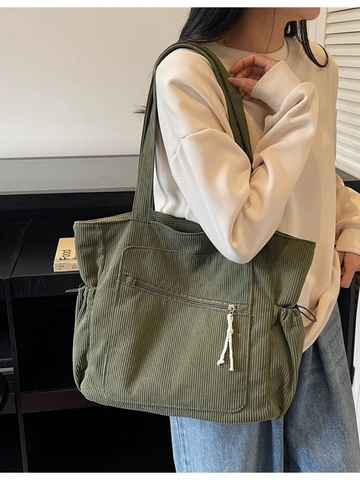 Borsa Tote in Velluto a Coste di Grande Capacità per Donna Borsa a Spalla Casual Vintage Con Tasca a Cerniera Laterale Coulisse
