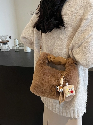 Borsa a Mano in Peluche da Donna Con Manico in Pelle Arricciato Borsa a Tracolla Autunno Inverno Borsa a Spalla in Finta Pelliccia Con Ciondolo