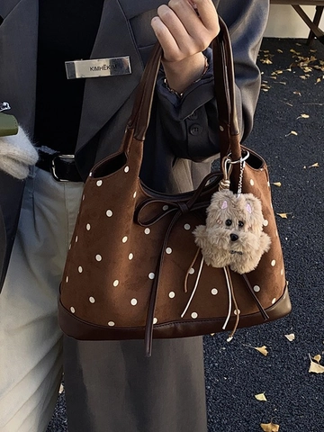 Korean Retro Polka Dot Tote Bag For Women Large Capacity PU Leather Shoulder Bag With Plush Pendant Bow Decor Daily Work Handbag