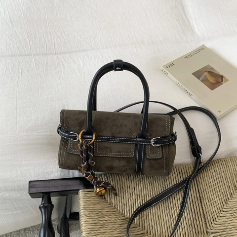 Damen Retro Wildleder-Optik Handtasche Einfache Kontrastnähte Umhängetasche Kleine Quadratische Tasche Henkel Verstellbarer Gurt