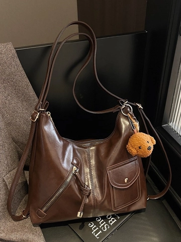 Vintage PU Lederen Schoudertas Voor Dames Grote Capaciteit Punk Stijl Kantoor Commuter Tas Met Teddybeer Hanger