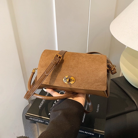 Vintage Women Patchwork Suede PU Leather Underarm Bag Retro Small Square Shoulder Bag With Gold Metal Lock Fashion Commuter Bag