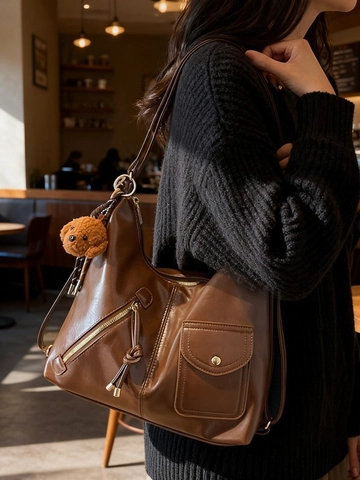 Vintage PU Lederen Schoudertas Voor Dames Grote Capaciteit Punk Stijl Kantoor Commuter Tas Met Teddybeer Hanger