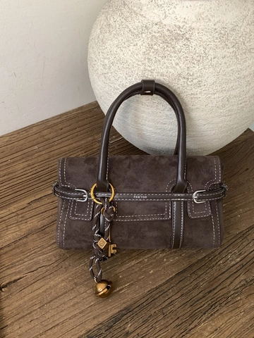 Borsa a Tracolla Vintage in Pelle PU Texture Scamosciata per Donna Cuciture a Contrasto Piccola Borsa a Mano Quadrata con Ciondolo
