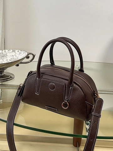 Women Retro PU Leather Bowling Bag Lychee Pattern Contrast Stitching Handbag Small Crossbody Shoulder Bag For Ladies Commuting