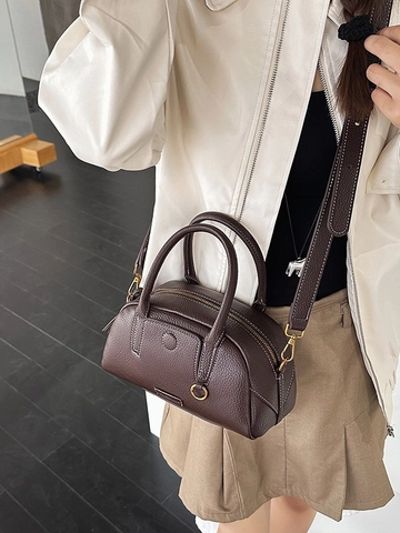 Women Retro PU Leather Bowling Bag Lychee Pattern Contrast Stitching Handbag Small Crossbody Shoulder Bag For Ladies Commuting