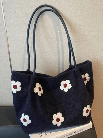 Sac Fourre-tout en Laine à Fleurs pour Femmes Grande Capacité Brodée Décontractée Sac à Bandoulière Automne Hiver Couleur Contrastée Sac à Main