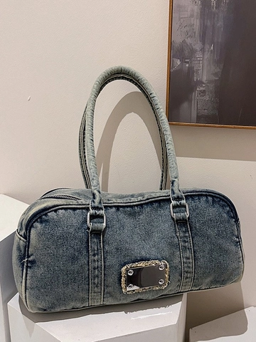 Borsa da Spalla in Denim Lavato Vintage Donna Grande Capacità Retro Y2K Sottobraccio Con Placca in Metallo Streetwear