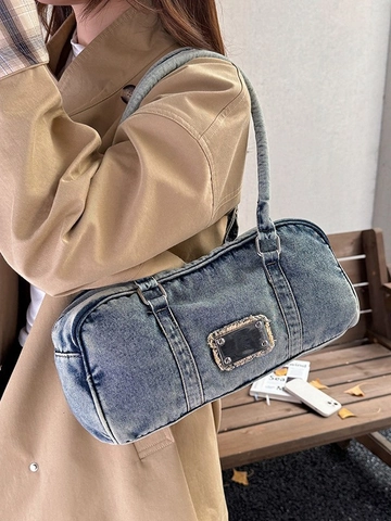 Borsa da Spalla in Denim Lavato Vintage Donna Grande Capacità Retro Y2K Sottobraccio Con Placca in Metallo Streetwear