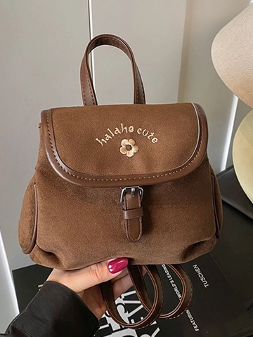Mini Sac à Dos Vintage en Cuir PU Dépoli pour Femme Broderie Florale Passepoil Contrasté Street Trend Petit Sac d'École de Voyage