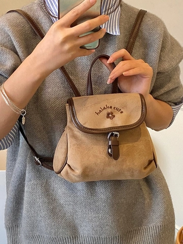 Mini Sac à Dos Vintage en Cuir PU Dépoli pour Femme Broderie Florale Passepoil Contrasté Street Trend Petit Sac d'École de Voyage