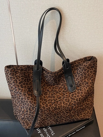 Damen Vintage Leopard Muster Tragetasche Große Kapazität Wildleder Stil Handtasche Casual Schultertasche Für Studentinnen Herbst Winter