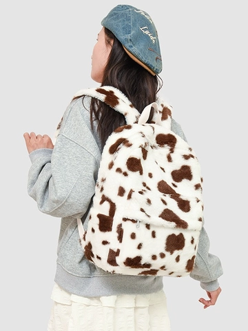 Women Plush Cow Print Backpack Large Capacity Heart Pattern School Bag Faux Fur Travel Rucksack For Teen Girls Casual Shoulder Bag