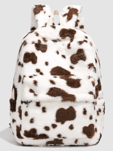 Women Plush Cow Print Backpack Large Capacity Heart Pattern School Bag Faux Fur Travel Rucksack For Teen Girls Casual Shoulder Bag