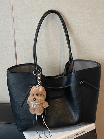 Borsa Tote da Donna in Pelle PU Vintage di Grande Capacità Con Ciondolo in Peluche Borsa a Tracolla Morbida Con Coulisse