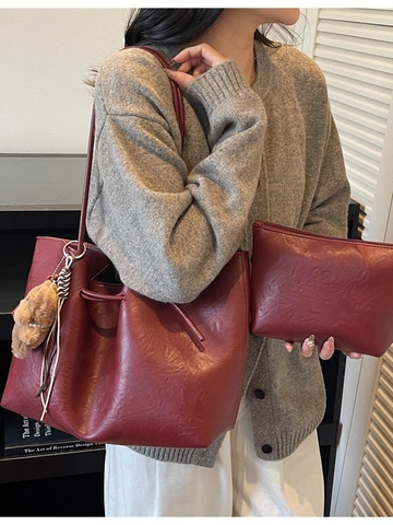 Borsa Tote da Donna in Pelle PU Vintage di Grande Capacità Con Ciondolo in Peluche Borsa a Tracolla Morbida Con Coulisse
