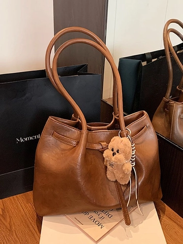 Vintage Large Capacity PU Leather Tote Bag For Women Retro Casual Shoulder Bag With Plush Pendant Commuter Handbag For Daily