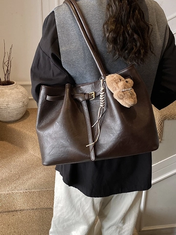 Vintage Large Capacity PU Leather Tote Bag For Women Retro Casual Shoulder Bag With Plush Pendant Commuter Handbag For Daily