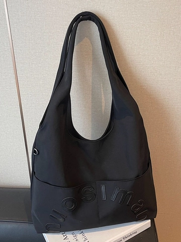 Large Capacity Canvas Tote Bag For Women Stylish Letter Embossed Shoulder Bag Casual Commuter Shopping Handbag With Front Pocket