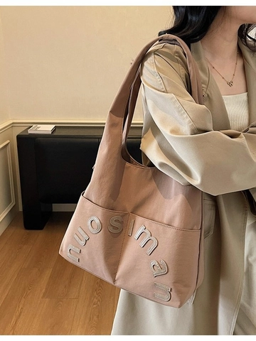 Large Capacity Canvas Tote Bag For Women Stylish Letter Embossed Shoulder Bag Casual Commuter Shopping Handbag With Front Pocket
