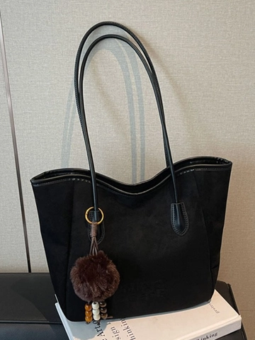 Women Large Capacity PU Leather Tote Bag Fashion Shoulder Bag With Fur Ball Pendant Casual Commuter Work Autumn Handbag