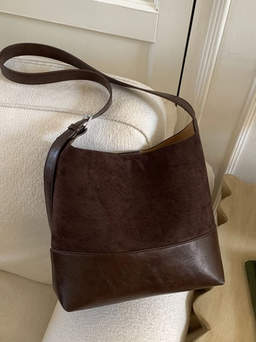 Borsa a Secchiello da Donna a Grande Capacità Retrò in Pelle PU Splicing in Camoscio Borsa a Tracolla Pendolare Quotidiana