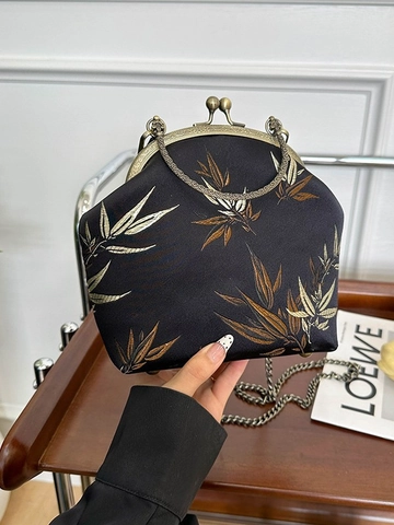 Borsa a Tracolla Vintage Cinese Ricamo Bambù Chiusura a Bacio Borsa in Satin Con Tracolla a Catena per Donna Borsa da Sera Retro