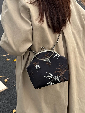 Borsa a Tracolla Vintage Cinese Ricamo Bambù Chiusura a Bacio Borsa in Satin Con Tracolla a Catena per Donna Borsa da Sera Retro