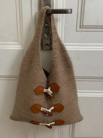 Sac Fourre-tout Tricoté Grande Capacité pour Femmes Automne Hiver Sac à Épaule Crochet avec Boutons Brandebourg Sac de Shopping
