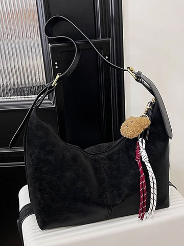 Borsa Hobo Vintage da Donna Grande Capacità Pelle PU Opaca Borsa a Tracolla Dumpling Con Ciondolo a Orso Borsa a Spalla Regolabile