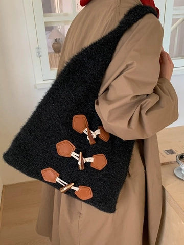 Sac Fourre-tout Tricoté Grande Capacité pour Femmes Automne Hiver Sac à Épaule Crochet avec Boutons Brandebourg Sac de Shopping