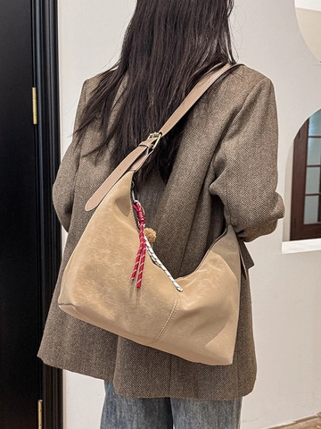 Borsa Hobo Vintage da Donna Grande Capacità Pelle PU Opaca Borsa a Tracolla Dumpling Con Ciondolo a Orso Borsa a Spalla Regolabile