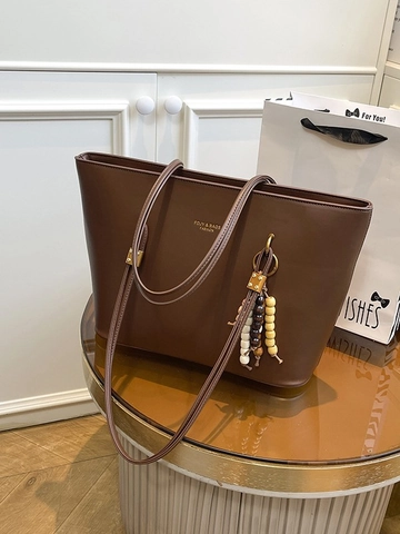Borsa Tote in Pelle PU Retro Grande Capacità Donna Stile Vintage Minimalista Borsa a Spalla Pendolare Con Pendente a Perline