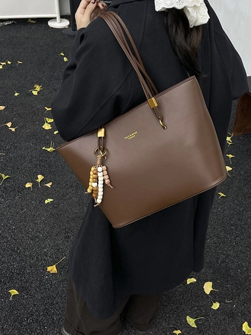 Borsa Tote in Pelle PU Retro Grande Capacità Donna Stile Vintage Minimalista Borsa a Spalla Pendolare Con Pendente a Perline