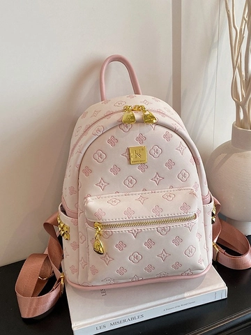 Vintage PU Leather Embossed Monogram Backpack For Women Korean Style Fashion Travel Small Mini Bag Pink Gray Retro Daypack