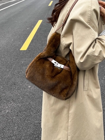Bolso de Hombro de Piel Sintética para Mujer Estilo Kelly Vintage Elegante Bolso de Mano de Felpa con Cierre de Metal