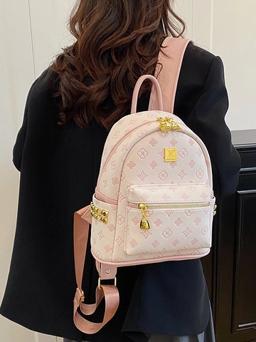 Vintage PU Leather Embossed Monogram Backpack For Women Korean Style Fashion Travel Small Mini Bag Pink Gray Retro Daypack