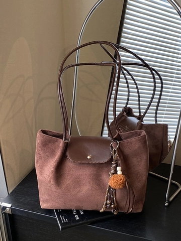 Borsa Tote in Scamosciato di Grande Capacità per Donna Vintage Casual Borsa a Tracolla in Pelle PU con Nappa Portachiavi