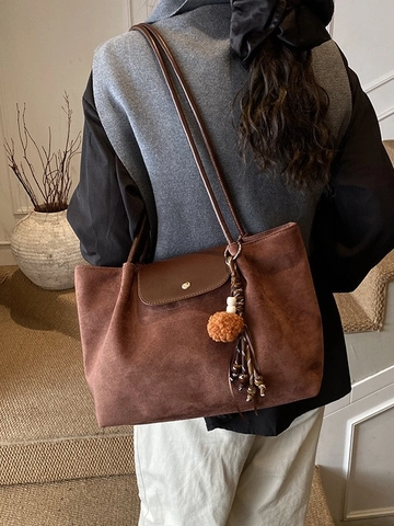 Borsa Tote in Scamosciato di Grande Capacità per Donna Vintage Casual Borsa a Tracolla in Pelle PU con Nappa Portachiavi
