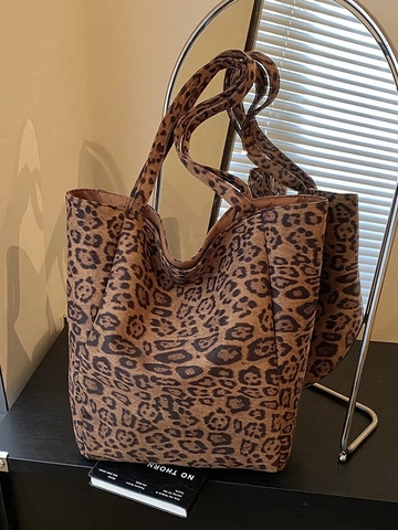 Borsa Tote Vintage con Stampa Leopardata da Donna Grande Capacità Texture Scamosciata Borsa a Spalla Casual Quotidiana
