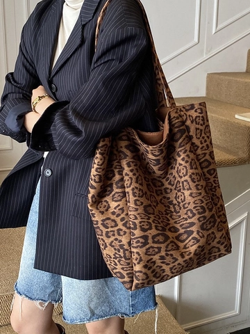 Borsa Tote Vintage con Stampa Leopardata da Donna Grande Capacità Texture Scamosciata Borsa a Spalla Casual Quotidiana
