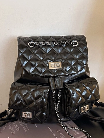 Sac à Dos Rétro Matelassé en Losanges pour Femmes Mode Cuir PU Chaîne Grande Capacité Sac à Dos Avec Fermoir Tournant Sacs de Voyage