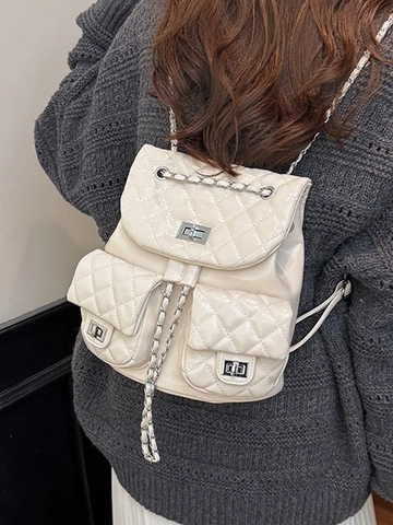 Sac à Dos Rétro Matelassé en Losanges pour Femmes Mode Cuir PU Chaîne Grande Capacité Sac à Dos Avec Fermoir Tournant Sacs de Voyage