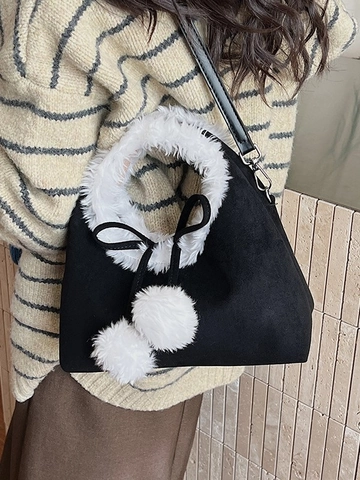 Bolso de Bandolera de Gamuza Sintética para Mujer de Invierno con Ribete de Felpa Lazo Dulce Pompones Bolso de Mano Moda