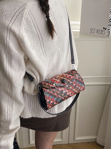 Sac Bandoulière Rétro en Cuir PU Tissé Pour Femmes Mode Couleur Contrastée Petit Sac Carré Sac à Main Quotidien Polyvalent