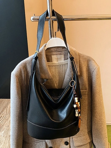 Bolso Tote de Cuero PU de Gran Capacidad para Mujer Minimalista con Costuras de Contraste Bolso de Hombro con Borla de Cuentas