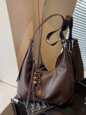 Vintage PU Lederen Onderarmtas Grote Capaciteit Hobo Tas Met Kwastje Houten Kralen Schoudertas Voor Dames Dagelijks