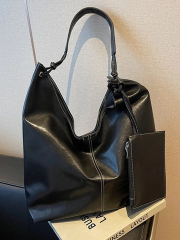 Large Capacity Women PU Leather Hobo Bag Contrast Stitching Shoulder Bag With Small Pouch Casual Tote For Office Daily