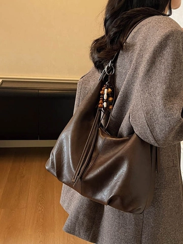Vintage PU Lederen Onderarmtas Grote Capaciteit Hobo Tas Met Kwastje Houten Kralen Schoudertas Voor Dames Dagelijks