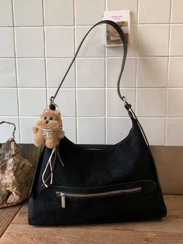 Women Large Capacity Retro PU Leather Hobo Shoulder Bag Suede Texture Tote Bag With Bear Charm Front Zipper Pocket Handbag